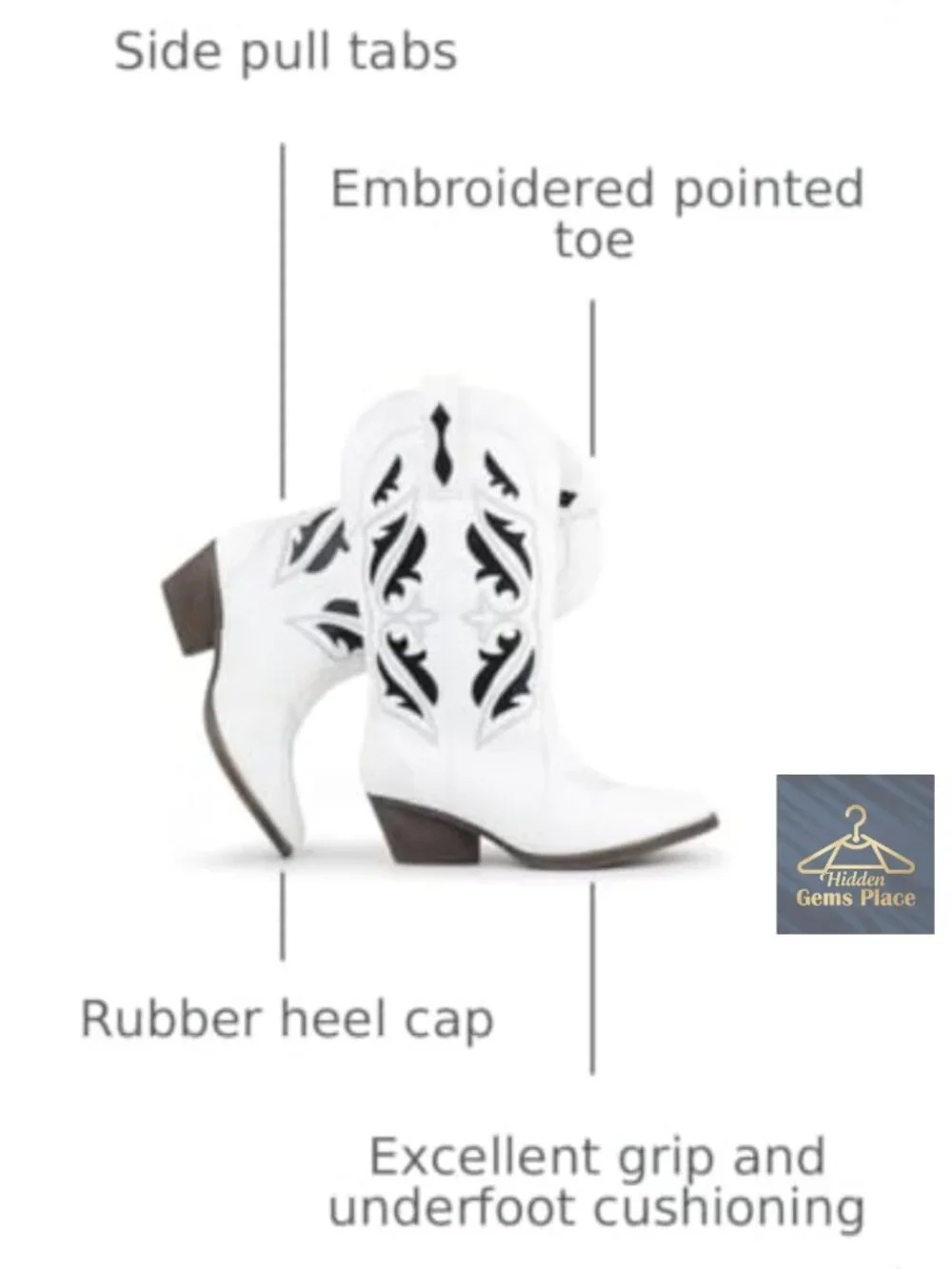 Embroidered Mid Calf Cowboy Boots Pointed Toe Chunky Block Heel Pull On Western